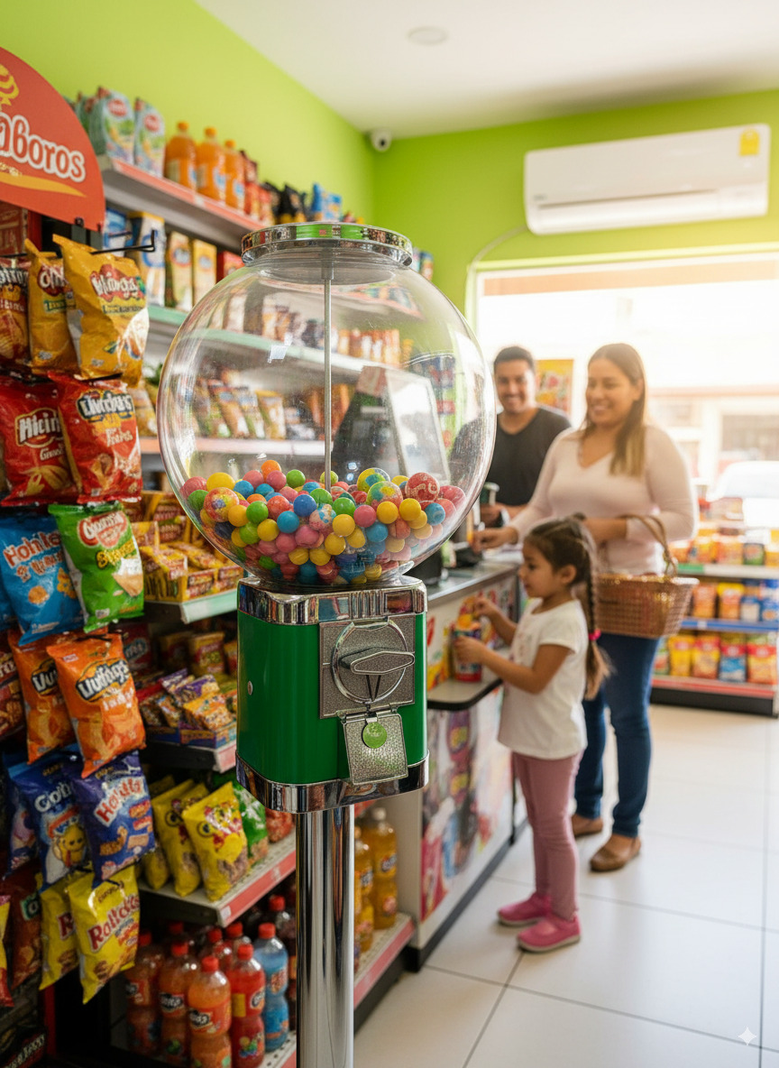 Máquina chiclera bombona grande roja vista frontal vending Ecuador